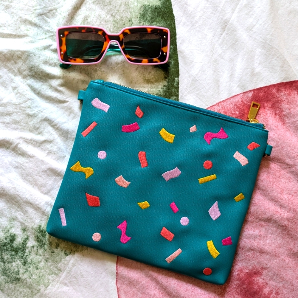 Green Blue Small "Can't Clutch This" Confetti Purse Studio DIY Makeup Travel Bag